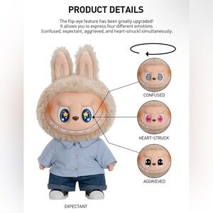 Plush Flip-Eye Bunny Hoodie Doll in Cream with Blue Outfit